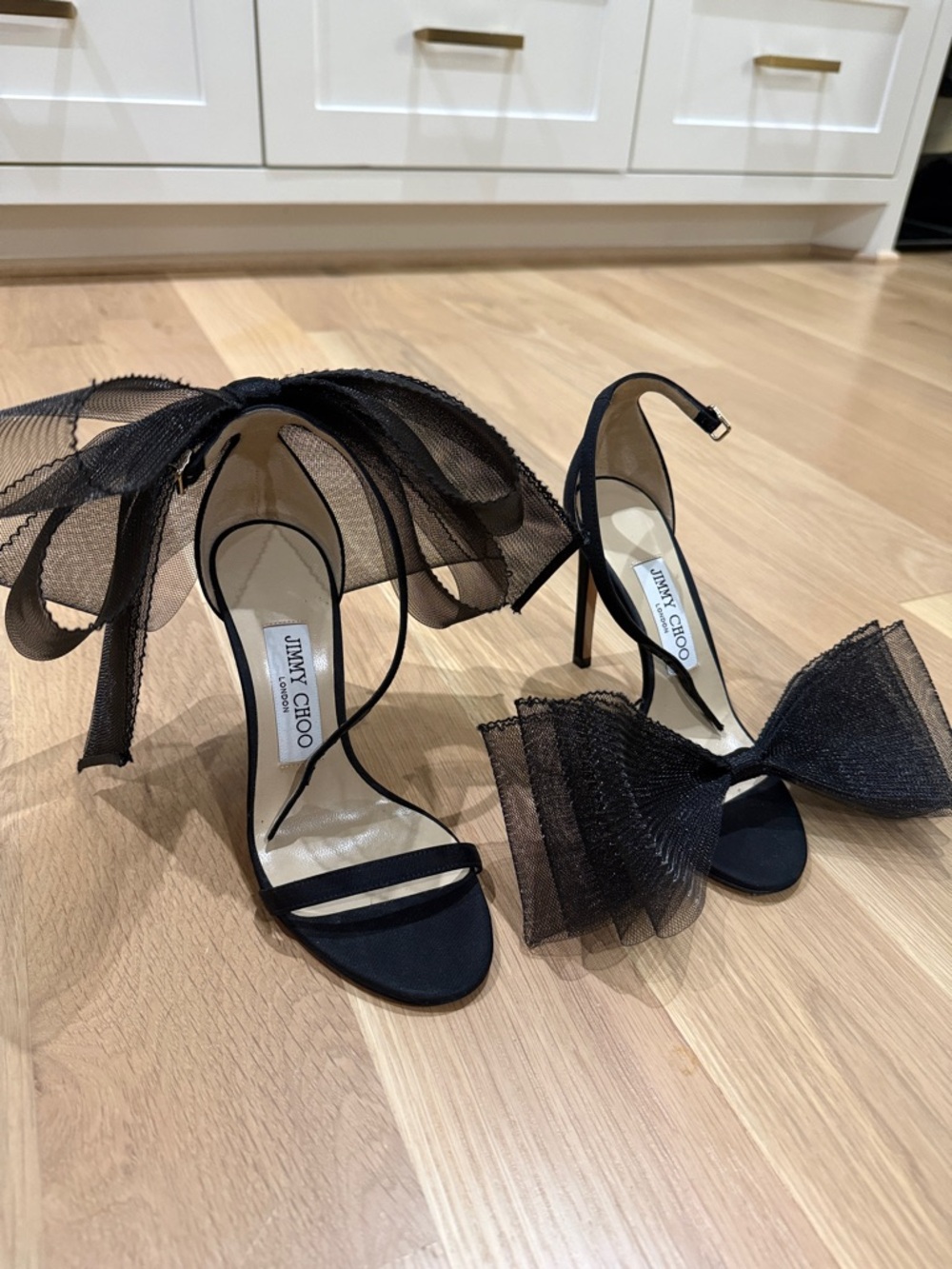 Jimmy Choo Black Tulle Bow Stiletto Sandals aveline 100